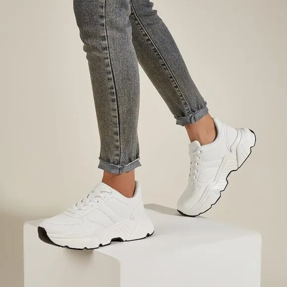 🆕 Women White Casual Platform Chunky Sneakers Lace Up Comfortable Walking Shoes