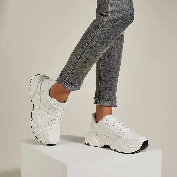 🆕 Women White Casual Platform Chunky Sneakers Lace Up Comfortable Walking Shoes