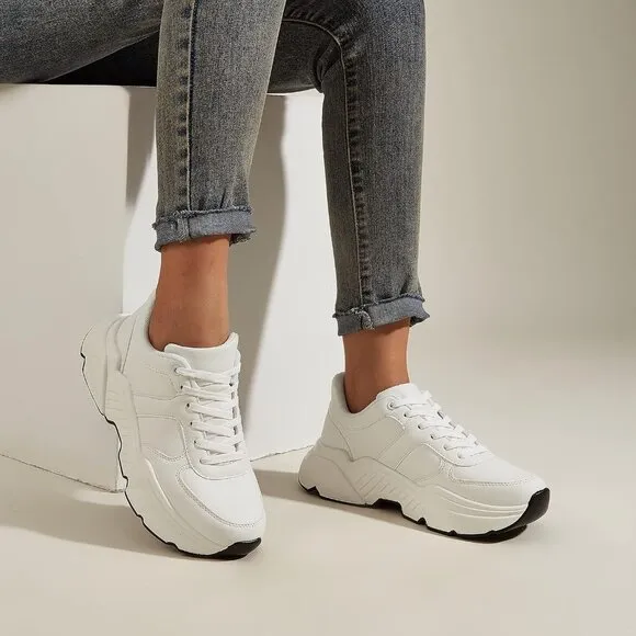 🆕 Women White Casual Platform Chunky Sneakers Lace Up Comfortable Walking Shoes