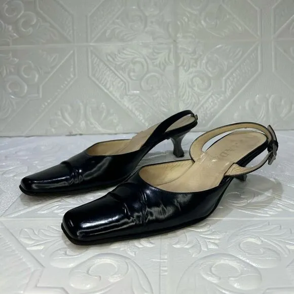 1 DAY SALE VINTAGE Black PRADA Patent Leather Sling-back Pointed Toe Heels