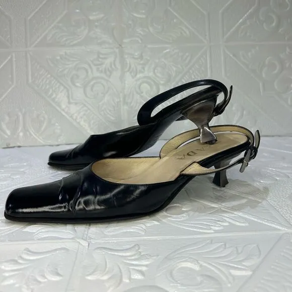 1 DAY SALE VINTAGE Black PRADA Patent Leather Sling-back Pointed Toe Heels