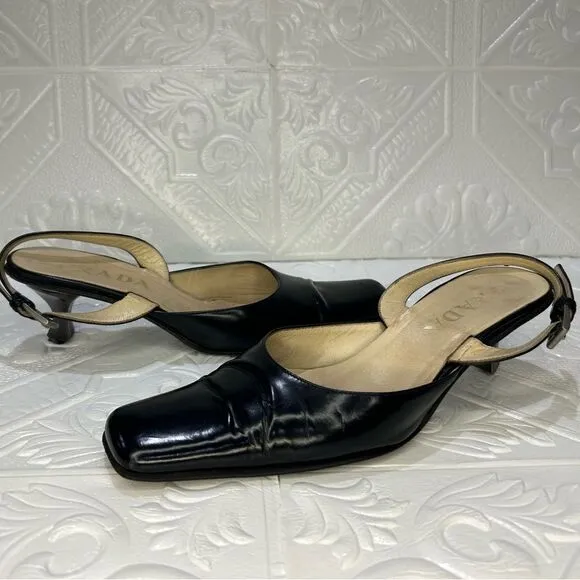 1 DAY SALE VINTAGE Black PRADA Patent Leather Sling-back Pointed Toe Heels
