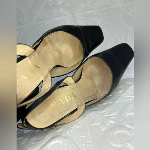1 DAY SALE VINTAGE Black PRADA Patent Leather Sling-back Pointed Toe Heels