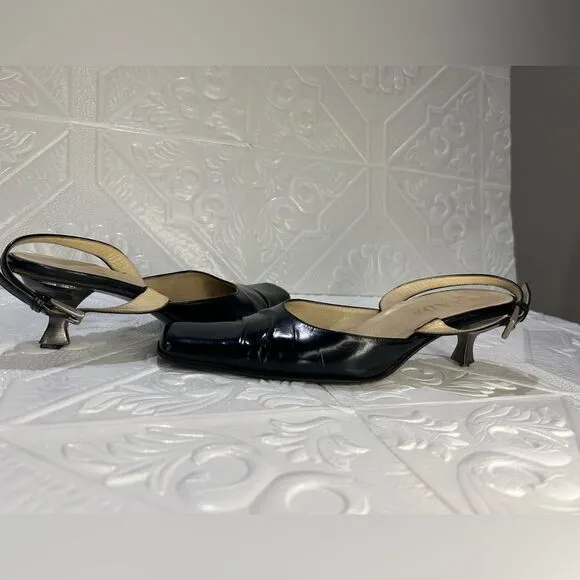 1 DAY SALE VINTAGE Black PRADA Patent Leather Sling-back Pointed Toe Heels
