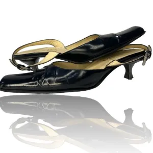 1 DAY SALE VINTAGE Black PRADA Patent Leather Sling-back Pointed Toe Heels