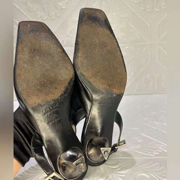 1 DAY SALE VINTAGE Black PRADA Patent Leather Sling-back Pointed Toe Heels