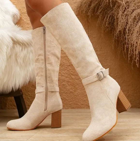 2New Women Mid-Calf Boots High Shaft Boots Fashion Sexy Thick Heel WomenBoots