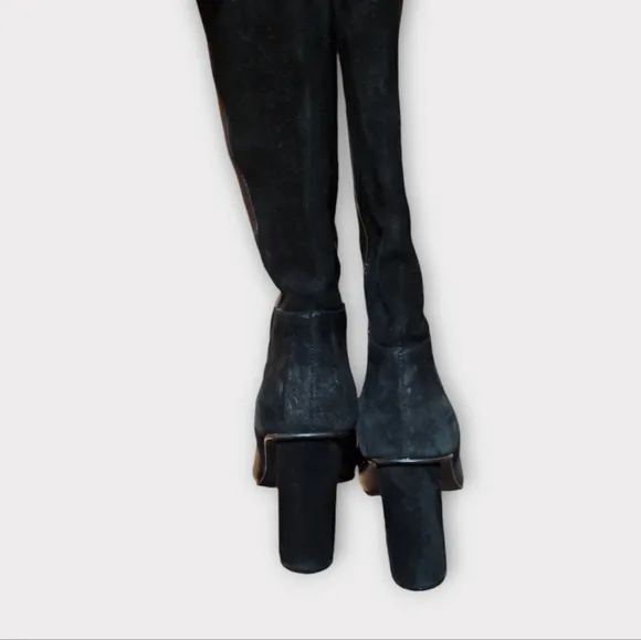 42 Gold Kolby Black Leather &amp; Suede Heeled Pull On Mid Calf Boots