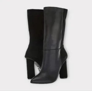 42 Gold Kolby Black Leather &amp; Suede Heeled Pull On Mid Calf Boots