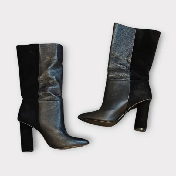 42 Gold Kolby Black Leather &amp; Suede Heeled Pull On Mid Calf Boots