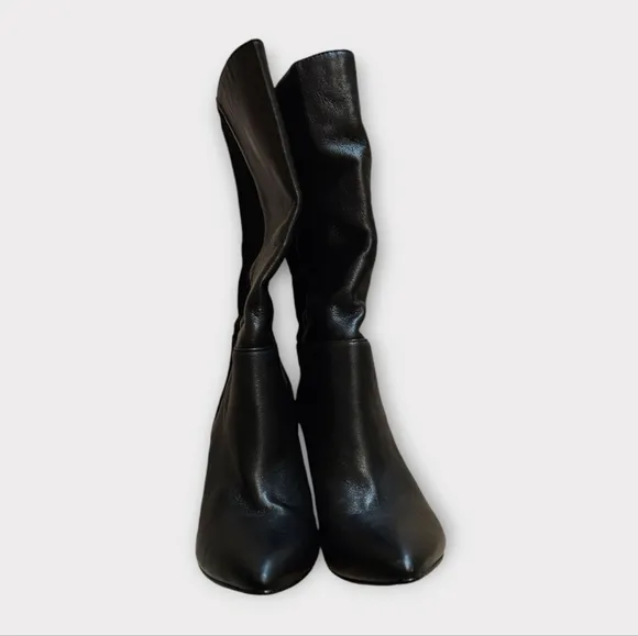 42 Gold Kolby Black Leather &amp; Suede Heeled Pull On Mid Calf Boots