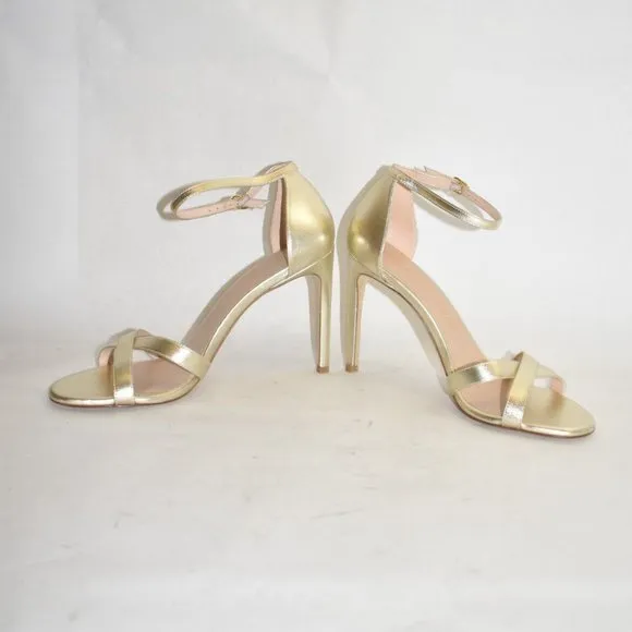 $500 STUART WEITZMAN CROSS-STRAP STILETTO PLATINO NUDISTSONG 11.5 (DA9)