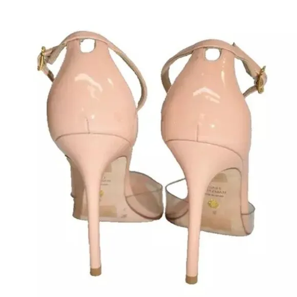 $550 STUART WEITZMAN Stuart 100 patent leather PVC POINTED pump POUDRE 9.5 (DB8)