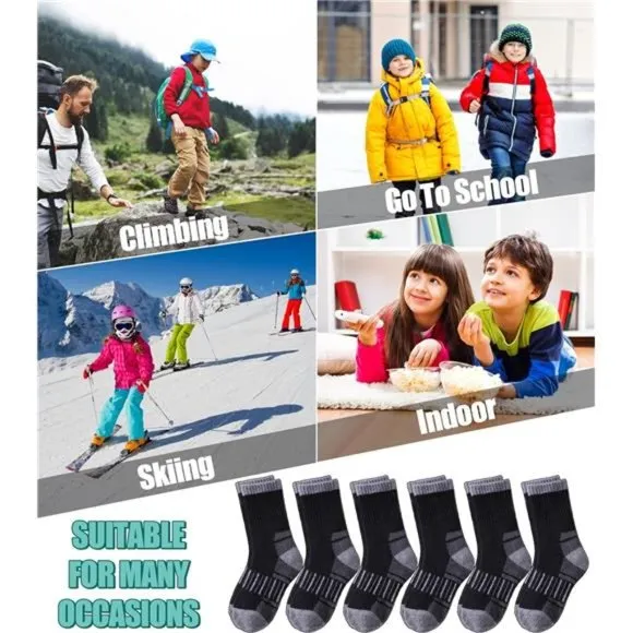 6 Pairs, Kids Merino Wool Socks Winter Warm Thick Thermal Cushion Crew Socks