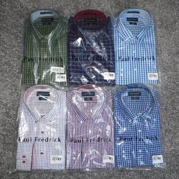 6 x Paul Fredrick Non-Iron Cotton Dress Shirts w/Contrast Trim NEW Size 17-34