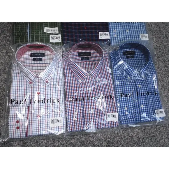 6 x Paul Fredrick Non-Iron Cotton Dress Shirts w/Contrast Trim NEW Size 17-34