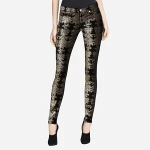 7 For All Mankind Women’s Velvet Pants Black Gold Baroque Print Skinny Size 28