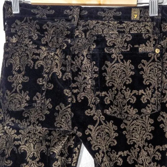 7 For All Mankind Women’s Velvet Pants Black Gold Baroque Print Skinny Size 28