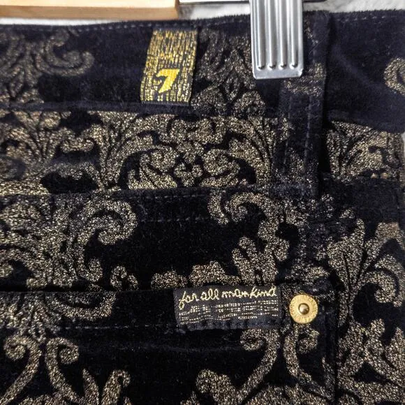 7 For All Mankind Women’s Velvet Pants Black Gold Baroque Print Skinny Size 28