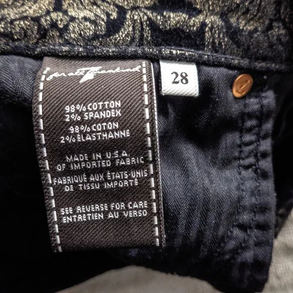 7 For All Mankind Women’s Velvet Pants Black Gold Baroque Print Skinny Size 28