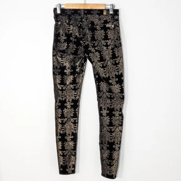 7 For All Mankind Women’s Velvet Pants Black Gold Baroque Print Skinny Size 28