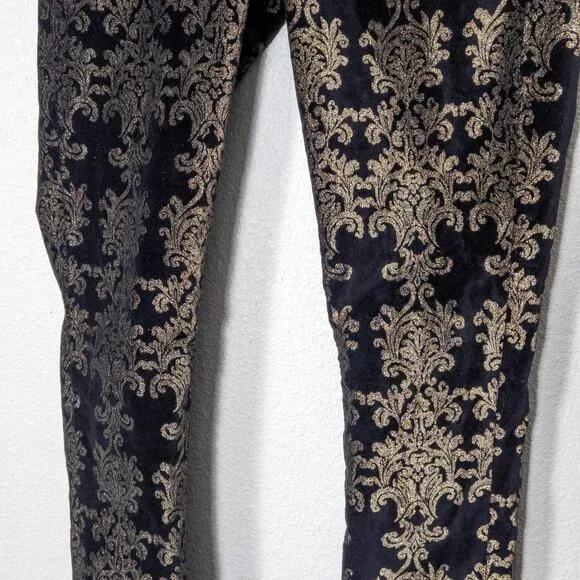 7 For All Mankind Women’s Velvet Pants Black Gold Baroque Print Skinny Size 28