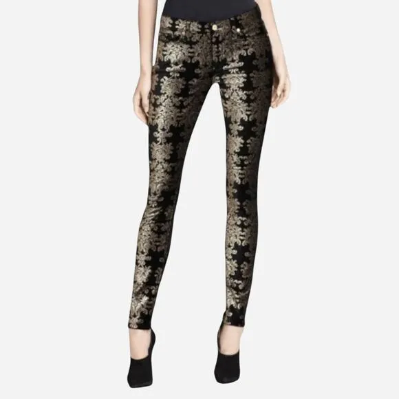 7 For All Mankind Women’s Velvet Pants Black Gold Baroque Print Skinny Size 28