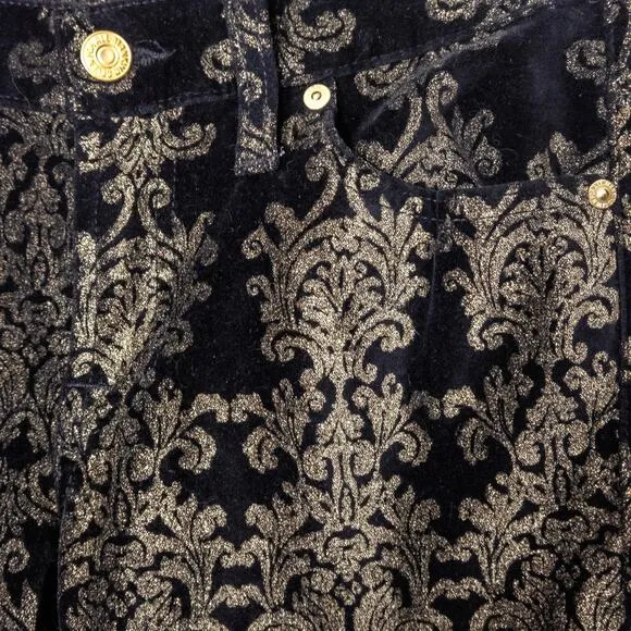 7 For All Mankind Women’s Velvet Pants Black Gold Baroque Print Skinny Size 28