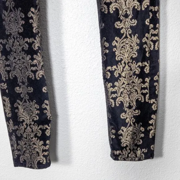 7 For All Mankind Women’s Velvet Pants Black Gold Baroque Print Skinny Size 28