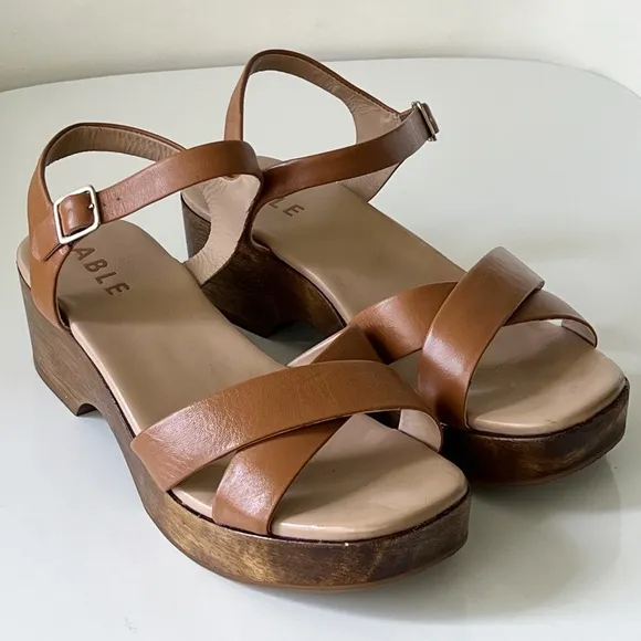 ABLE Shoes Women’s Mika Clog Retro Brown Cognac Leather Sandals Size 8.5