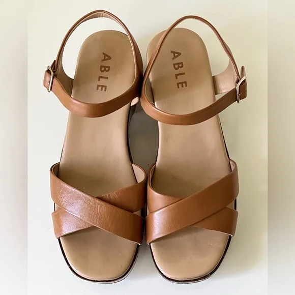ABLE Shoes Women’s Mika Clog Retro Brown Cognac Leather Sandals Size 8.5