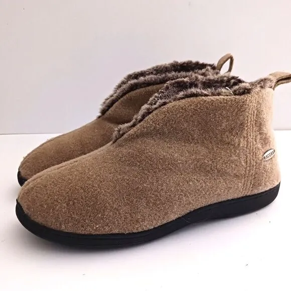 Acorn Bootie Slippers Tan Wool Faux Fur Lined Hard Rubber Sole Ladies 9