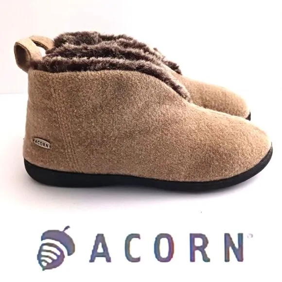 Acorn Bootie Slippers Tan Wool Faux Fur Lined Hard Rubber Sole Ladies 9