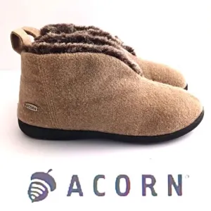 Acorn Bootie Slippers Tan Wool Faux Fur Lined Hard Rubber Sole Ladies 9