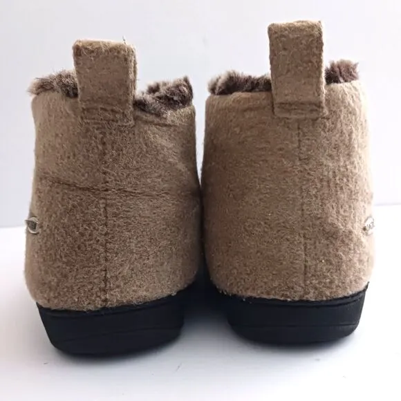 Acorn Bootie Slippers Tan Wool Faux Fur Lined Hard Rubber Sole Ladies 9