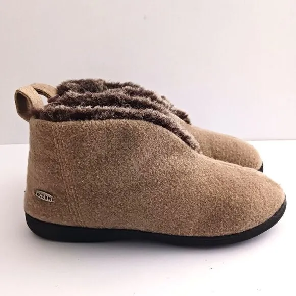 Acorn Bootie Slippers Tan Wool Faux Fur Lined Hard Rubber Sole Ladies 9