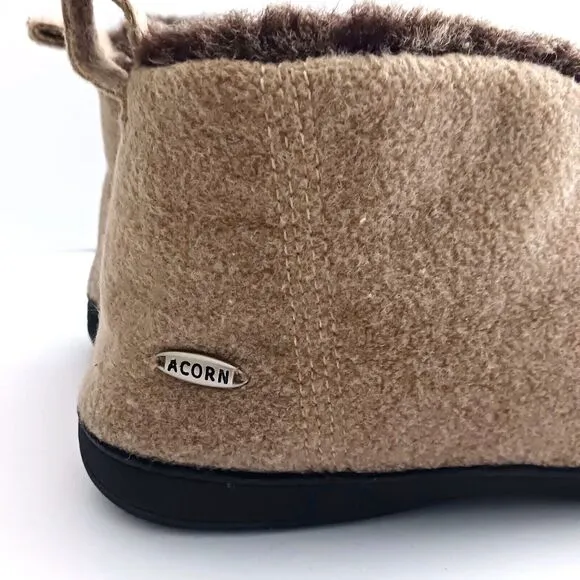 Acorn Bootie Slippers Tan Wool Faux Fur Lined Hard Rubber Sole Ladies 9