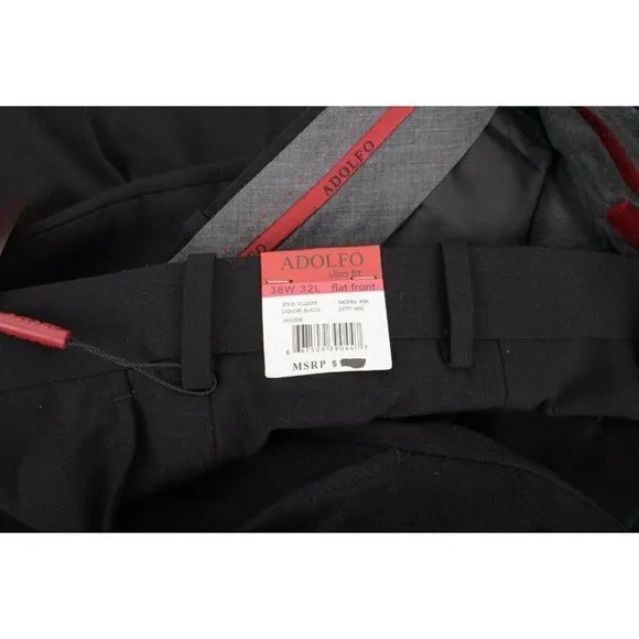Adolfo Mens Dress Pants Black Size 38W 32L Stretch Slim Fit Tapered Leg NWT