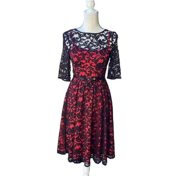 Adrianna Papell All Over Black Lace Dress Sheer Illusion Red Underlay Size 2