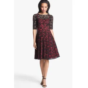 Adrianna Papell All Over Black Lace Dress Sheer Illusion Red Underlay Size 2