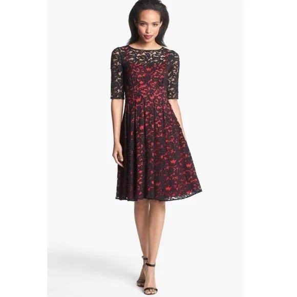 Adrianna Papell All Over Black Lace Dress Sheer Illusion Red Underlay Size 2