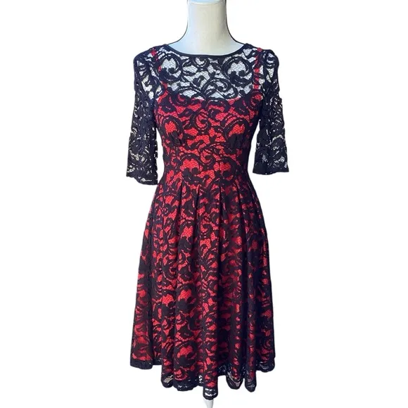Adrianna Papell All Over Black Lace Dress Sheer Illusion Red Underlay Size 2