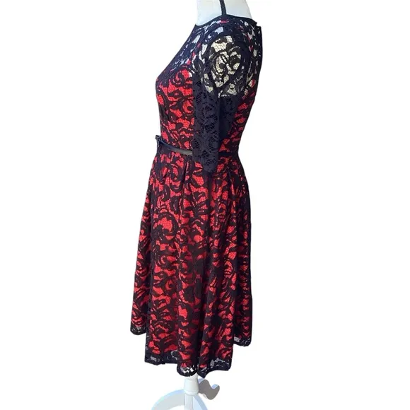 Adrianna Papell All Over Black Lace Dress Sheer Illusion Red Underlay Size 2