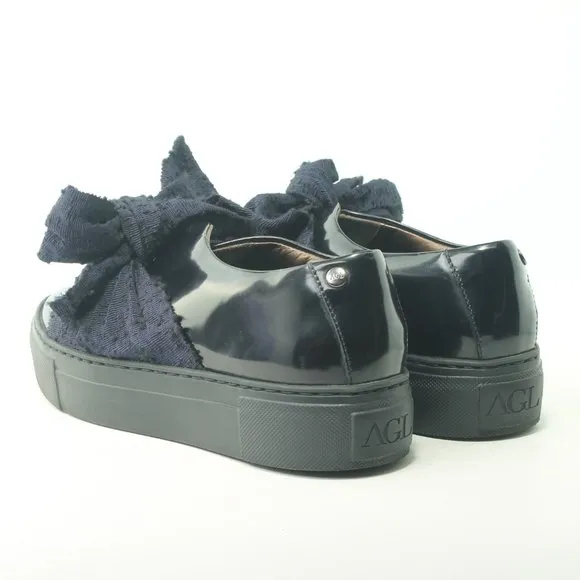 AGL Black Platform Sneaker Patent Leather Blue Bow Women's Size EU 36 or US 6