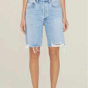 Agolde Mid-Rise Long Distressed Denim Shorts