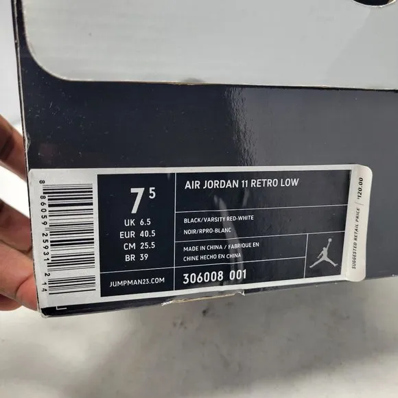 Air Jordan 11 XI Retro Low IE 'Black Red' BRED 2011 306008-001 7.5 1 4 6 12 13