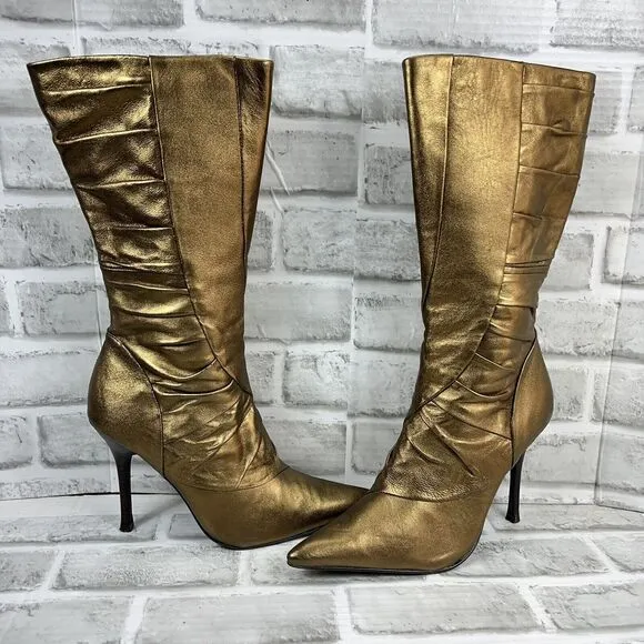 Aldo Vintage Y2K Mid Calf Metallic Gold Pointed Toe Women's Size 39 Heel Boots