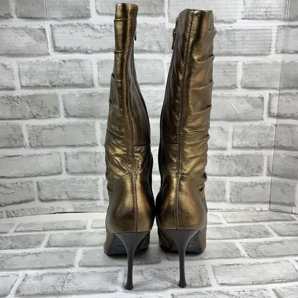 Aldo Vintage Y2K Mid Calf Metallic Gold Pointed Toe Women's Size 39 Heel Boots