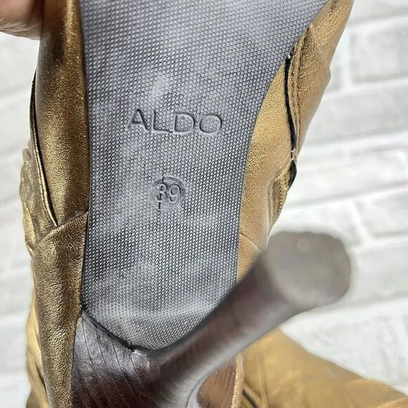 Aldo Vintage Y2K Mid Calf Metallic Gold Pointed Toe Women's Size 39 Heel Boots