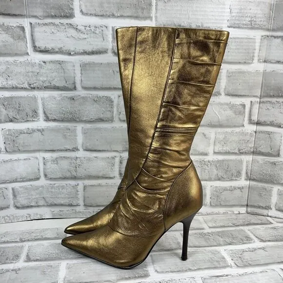 Aldo Vintage Y2K Mid Calf Metallic Gold Pointed Toe Women's Size 39 Heel Boots